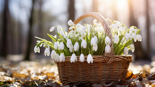 Cesta de mimbre con las primeras flores de primavera.