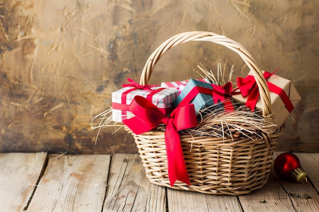 Foto cesta de mimbre con regalos y un lazo rojo en una mesa de madera