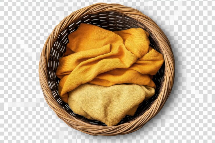 Cesta de mimbre con ropa plegada de color amarillo y marrón IA generativa