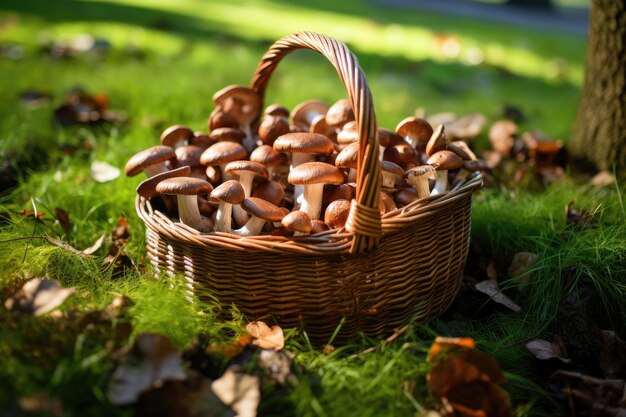 Foto una cesta de mimbre con setas del bosque.