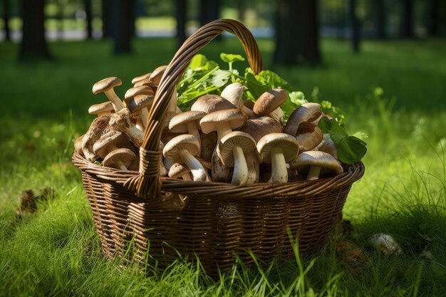 Foto una cesta de mimbre con setas del bosque.