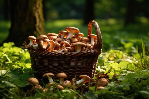 Foto una cesta de mimbre con setas del bosque.