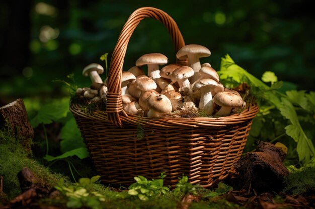 Una cesta de mimbre con setas del bosque.