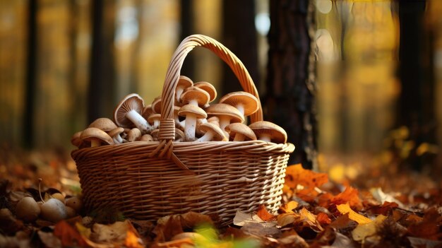 Cesta de mimbre con setas en el fondo del bosque de otoño