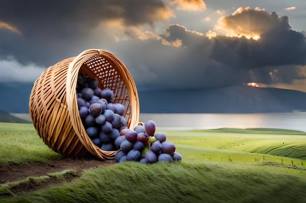 cesta de mimbre con uvas en la hierba