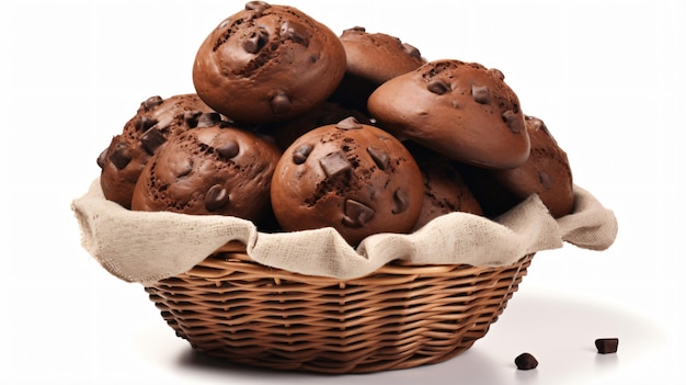 Foto cesta de muffins de chocolate aislados sobre un fondo blanco