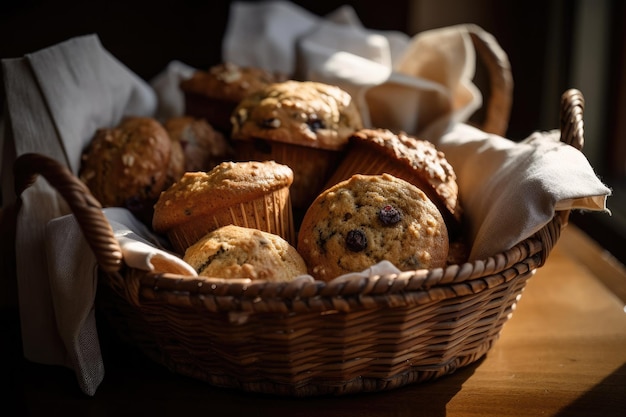 Cesta de muffins veganos y sin gluten recién horneados y calientes creados con IA generativa