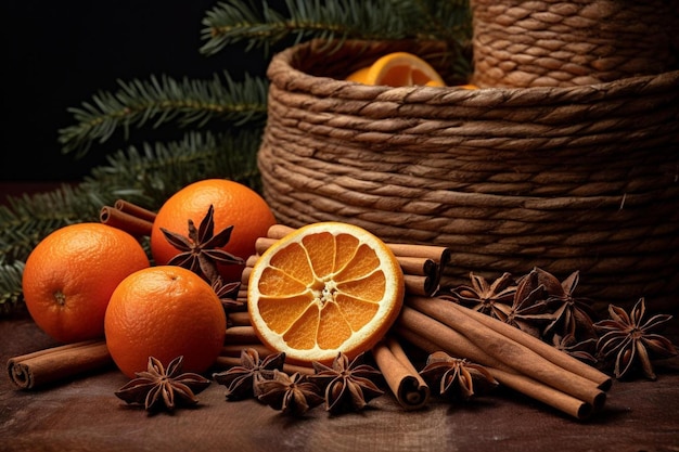 Foto una cesta de naranjas con una cesta de agujas de pino y una cesta de agujas de pino.