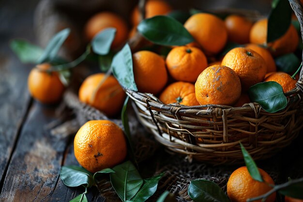 Cesta de naranjas con hojas