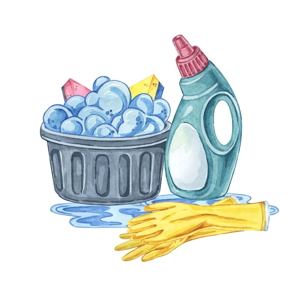 Cesta negra con esponjas de espuma artículos de limpieza como guantes de detergente y un derrame clipart de acuarela ideal para la limpieza del embalaje del producto
