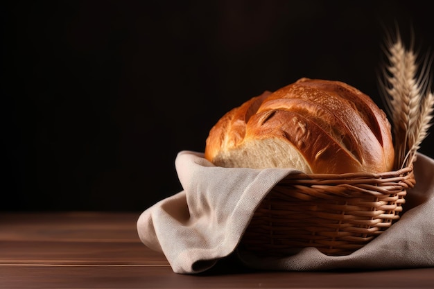 Una cesta de pan está sobre una mesa con un mantel.