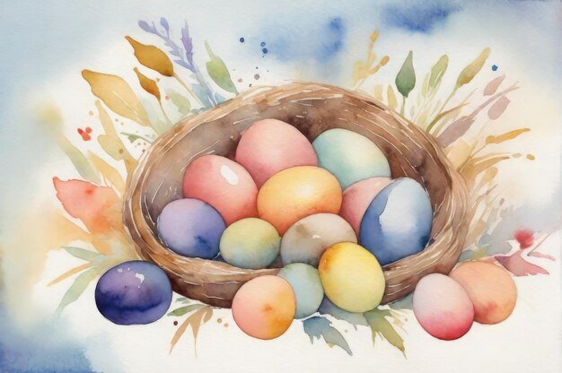 Cesta de Pascua en acuarela con huevo e ilustración de tarjeta postal de Pascua de Primavera