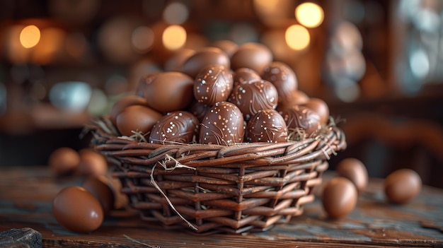 Foto cesta de pascua con huevos de chocolate