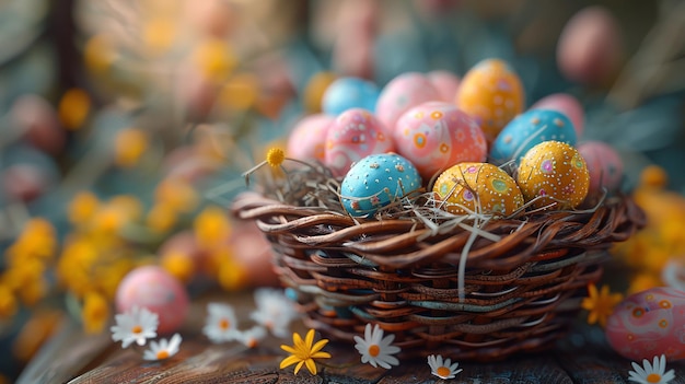 Foto cesta de pascua con huevos de colores