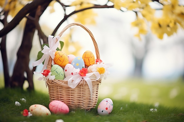 Cesta de Pascua con huevos debajo de un árbol en flor