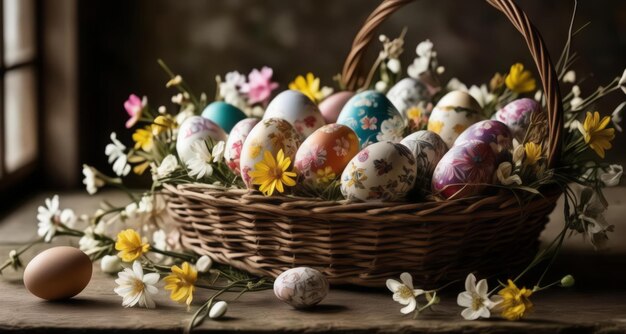 Cesta de Pascua con huevos y flores de colores