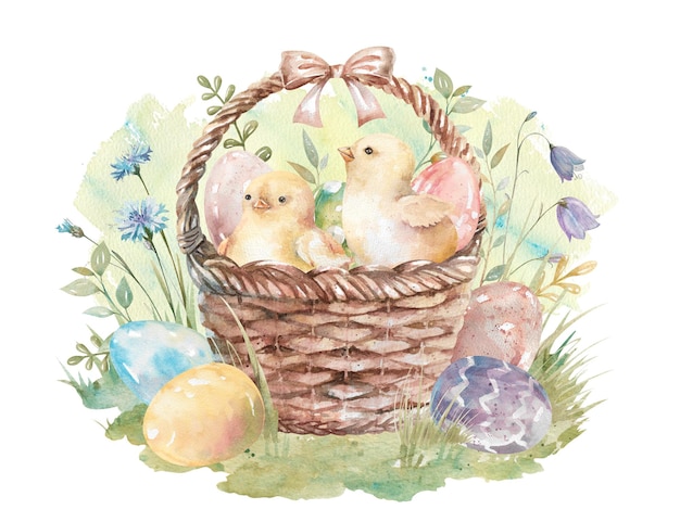 Cesta de Pascua con huevos pintados y pollos en césped verde con flores silvestres ilustración de acuarela