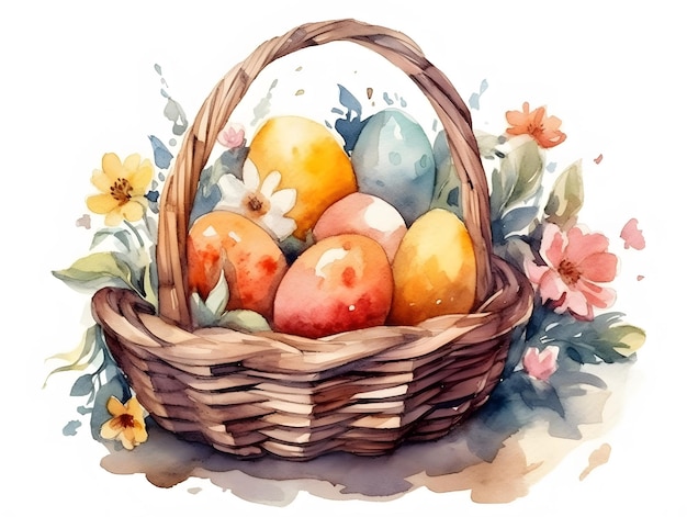 Cesta de Pascua con huevos sobre un fondo blanco. pintura de acuarela.