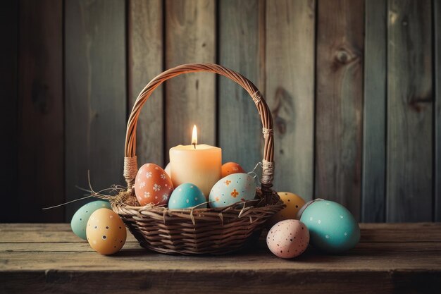 Foto cesta de pascua con huevos y velas de colores