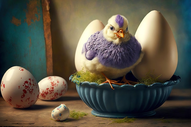 Cesta de Pascua con lindo pollo y huevos blancos