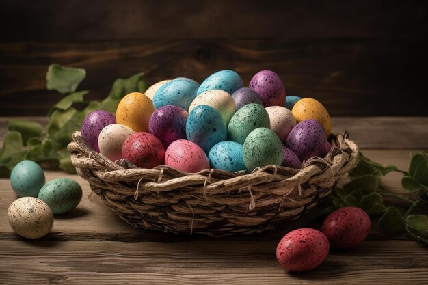 Cesta de Pascua llena de colores con una variedad de huevos