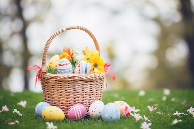 Cesta de Pascua llena de huevos de colores sobre el césped