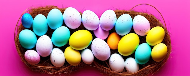 Cesta de Pascua llena de huevos de Pascua pintados sobre un fondo pastel