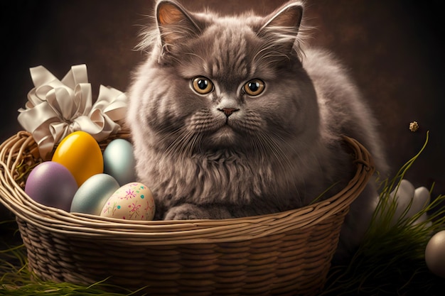 Cesta de Pascua de mimbre con lindo gatito gris y huevos