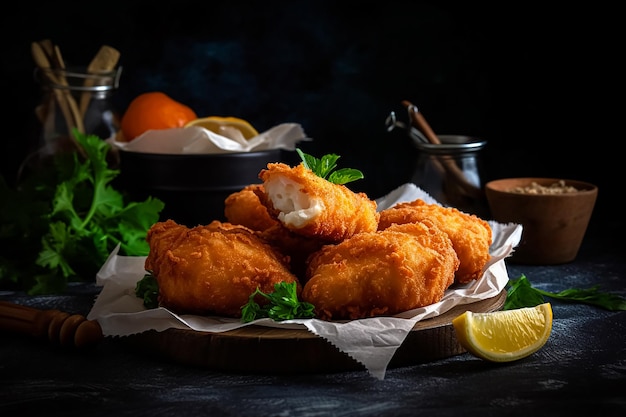 Una cesta de pescado frito con limones y limones sobre una mesa.