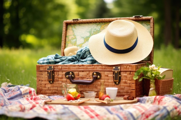 Cesta de picnic abierta con cámara con sombrero de paja y mapa para una aventura.