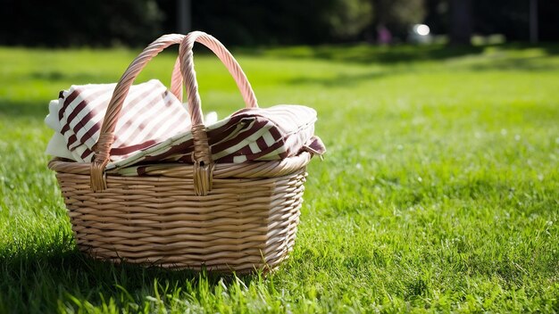 Cesta de picnic en el césped del parque