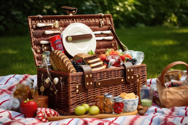 Cesta de picnic clásica repleta de golosinas y delicias listas para un día de diversión