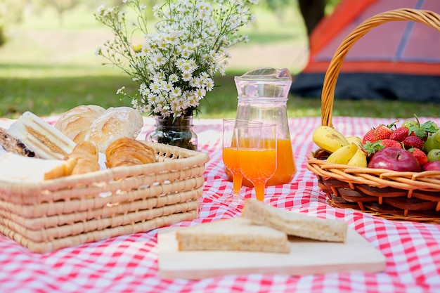 Cesta de picnic con comida en un paño a cuadros rojos y blancos en el campo