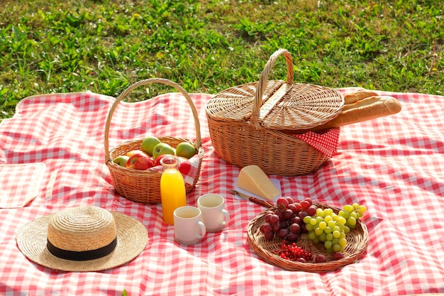 Cesta de picnic diferentes bocadillos jugo y sombrero de paja en manta a cuadros roja al aire libre