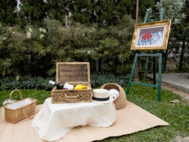 Cesta de picnic en el fondo borroso del jardín