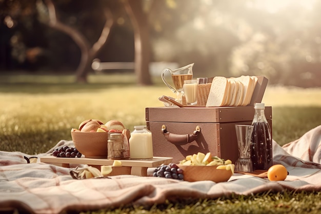 Cesta de picnic con fruta y panadería sobre tela en el jardín IA generada