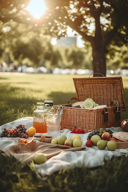 Foto cesta de picnic con fruta y panadería sobre tela en el jardín ia generada