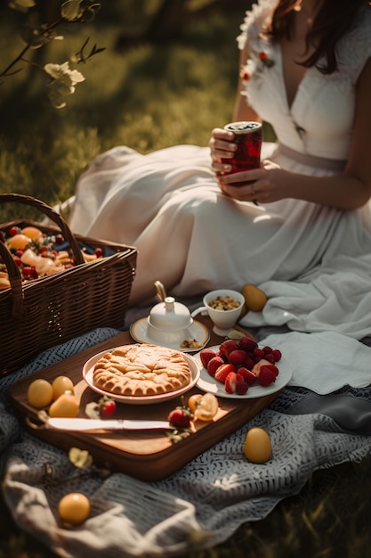 Cesta de picnic con fruta y panadería sobre tela en el jardín IA generada