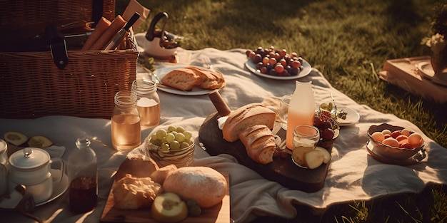 Cesta de picnic con fruta y panadería sobre tela en el jardín IA generada