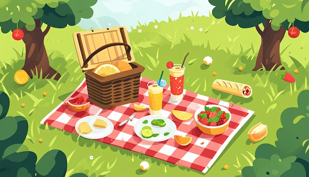 Foto cesta de picnic con ilustración de comida y bebidas