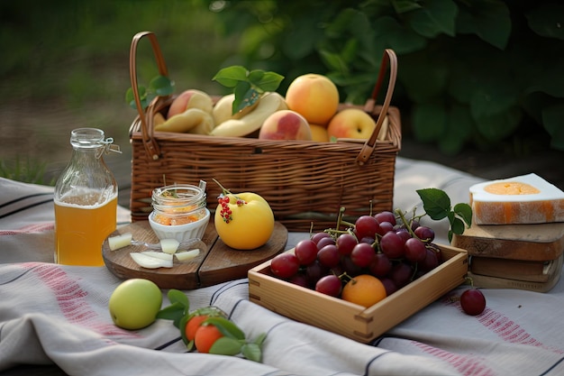 Cesta de picnic llena de queso de frutas y vino para un picnic dulce y sencillo