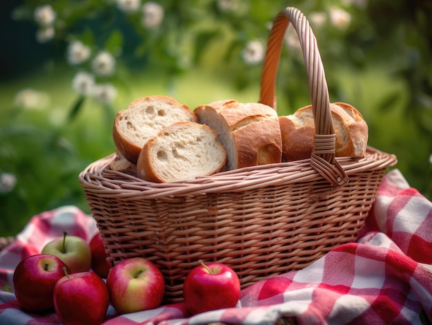 Cesta de picnic con manzanas y pan al aire libre