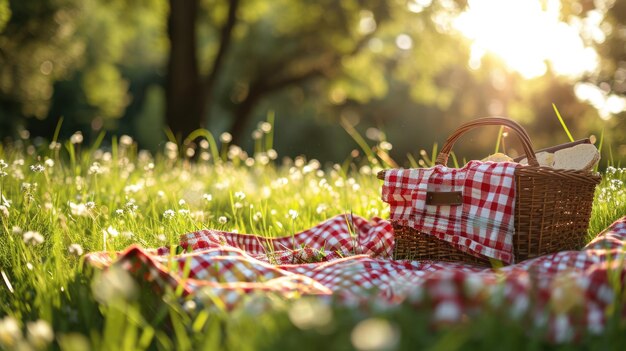 Foto cesta de picnic de mimbre con una tela a cuadros roja y blanca en un campo cubierto de hierba con la luz del sol moteada filtrando a través de los árboles