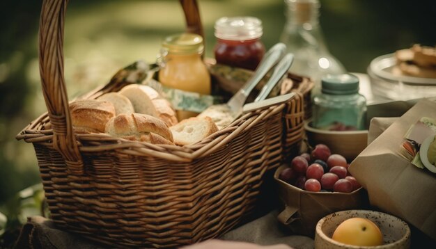 Cesta de picnic orgánica llena de comida gourmet generada por IA