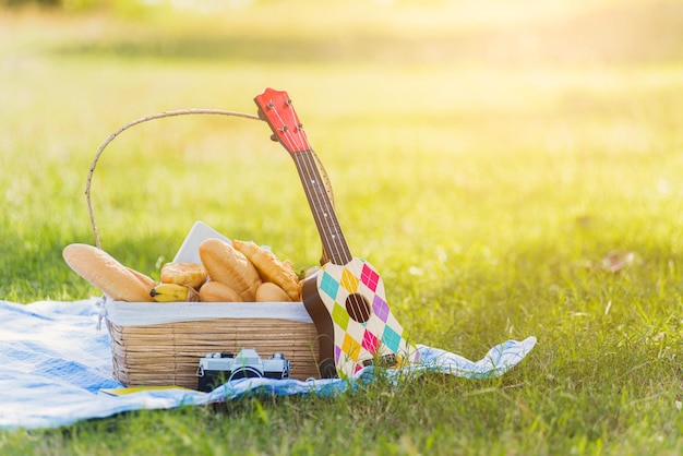 Cesta de picnic con pan y fruta, ukelele, una cámara retro sobre tela azul en un jardín de hierba verde con espacio para copiar en verano soleado