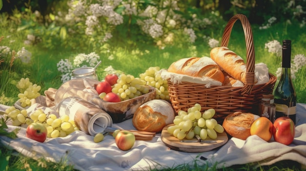 Una cesta de picnic con pan y fruta.