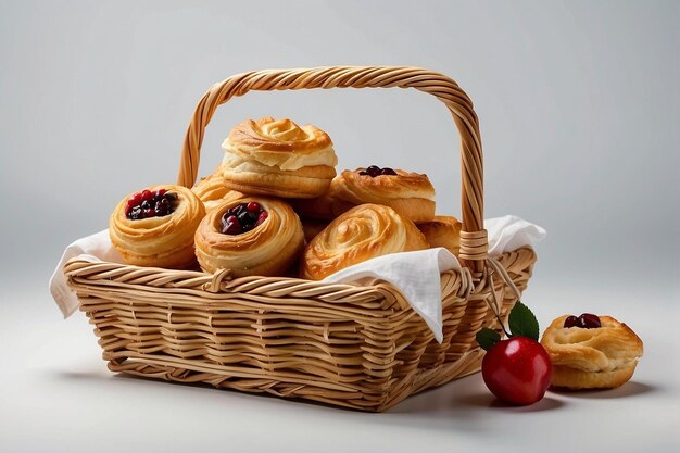 Foto cesta de picnic con pasteles daneses