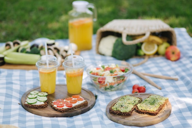 Cesta de picnic con sándwiches veganos saludables en una manta azul a cuadros en el parque Frutas frescas, verduras y jugo de naranja Concepto de picnic vegano