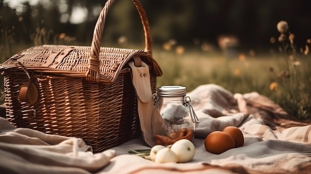 Cesta de picnic sobre una manta con un tarro de comida