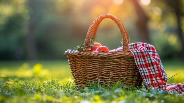 Cesta de picnic con tela a cuadros en el césped